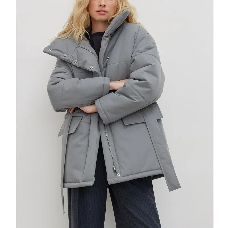 

Winter Belt Irregular Jackets Outwear Mid-Length Trend Stand-up Collar Parkas Women Cotton-Padded Coats Down Coats Clothing