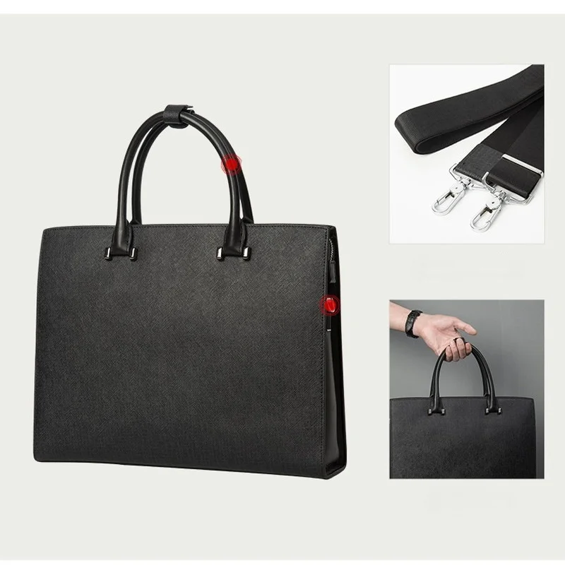 Unisex Black Genuine Cowhide Leather Tote Bag with Top Handle Large Capacity Business Handbag for Work Travel Daily