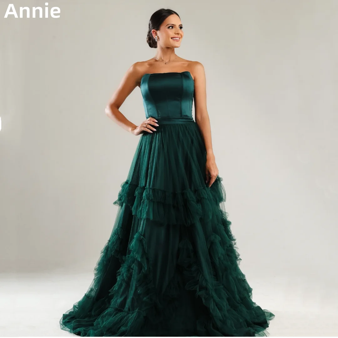 Annie Dark Green Wedding Dress Handmade Tulle Layering Prom Dresses Sexy Off-the-shoulder Elegant Lady Bespoke Occasion Dresses