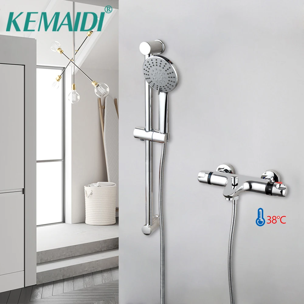 

KEMAIDI Silver Bathroom Thermostatic Shower Set Wall Mounted Rainfall Hand W/ Shower Bar Bathtub Shower Mixer Faucet Set