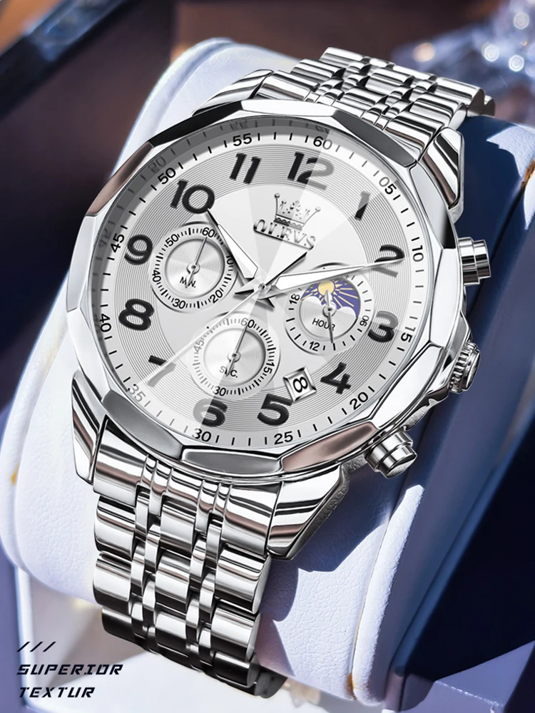 

OLEVS Роскошные деловые мужские часы, подарочная коробка, роскошный серебристо-белый календарь, ремешок из нержавеющей стали, кварцевые часы, мужские часы