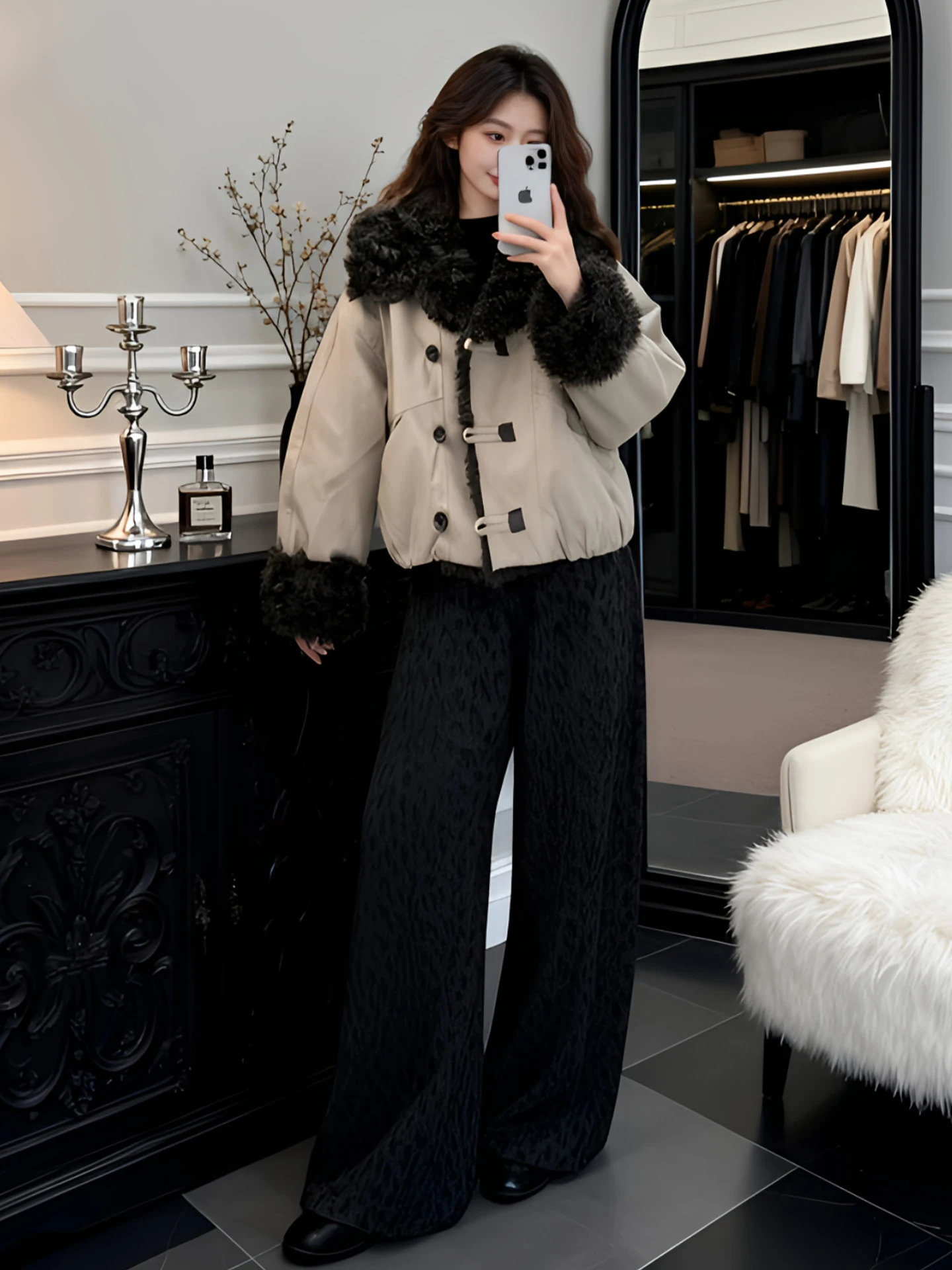 

Fashionable Warmth Women's Cotton Jacket Color Block Fur Collar Autumn Winter New Arrival Korean Style Thickened Long Sleeve ...