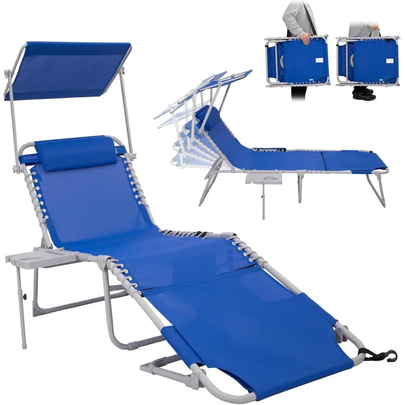 Chaise Lounge Chair With Adjustable Back Portable Patio Lounge Chair With Canopy Heavy-Duty Camping Reclining Lounge Chair