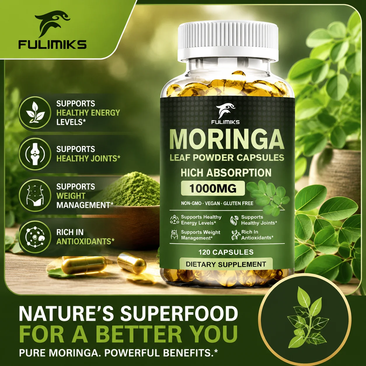 FULIMIKS Premium Moringa Leaf 1000mg Supplement, Supports Immune Function, Antioxidant Enzymes, Digestion & Daily Vitality