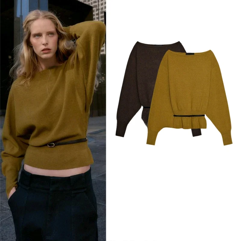 Winter nieuwe collectie Dames Lazy Sle Long Sve Gebreide trui met één schouder en riem Franse Sle Loose Fit Casual Polyes...