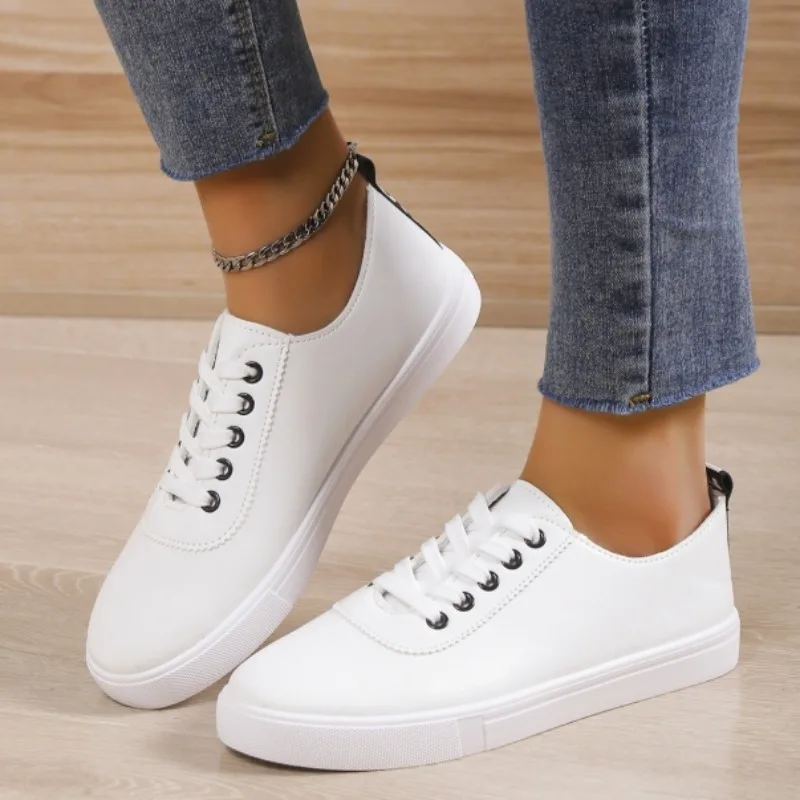 2024 Fashion Women's Shoes Lace Up Women's Vulcanize Shoes Spring Round Toe Solid Comfortable Low-heeled Sport Shoes Ladies