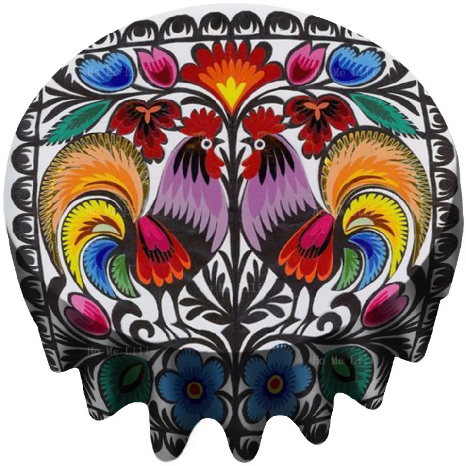 Traditional Polish Folk Art Designed With Roosters Round Tablecloth By Ho Me Lili For Tabletop Decor