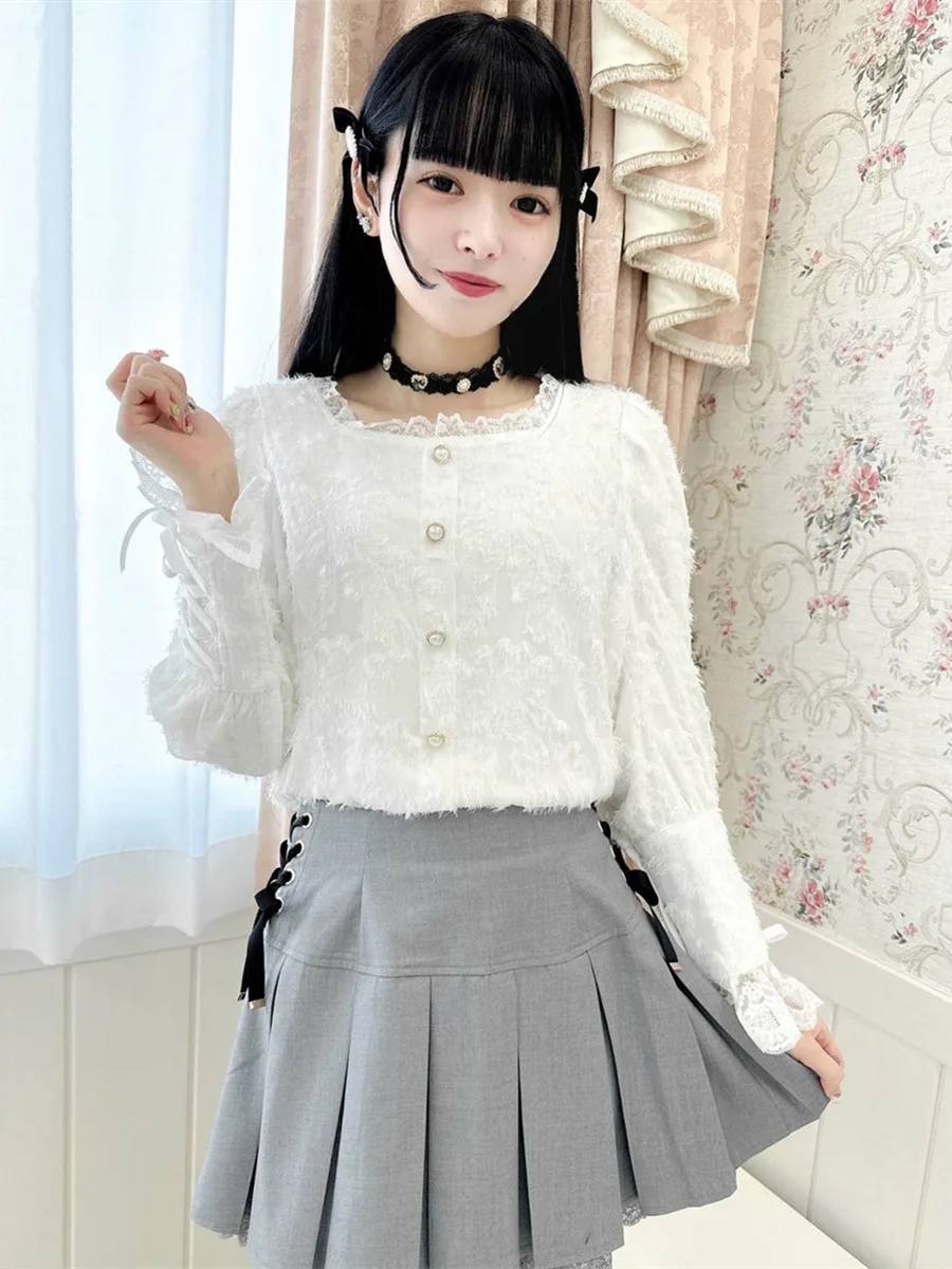 Japanese Rojita Clothing Blouse Long-Sleeved Girl's Plush Mine Tie up Girl's Blusas Bottoming Shirt Women's Single-breasted Top