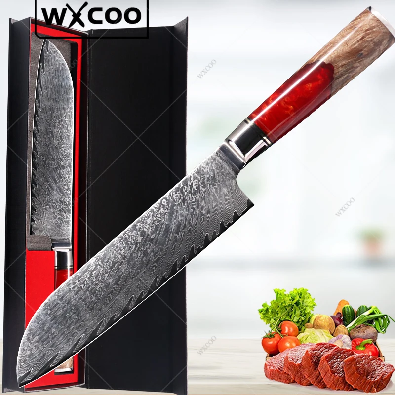 Professional Japanese Santoku Chef Knife Damascus Steel VG10 Meat Fish Fruit Knife Butcher Cleaver Kitchen Knife with Gift Box