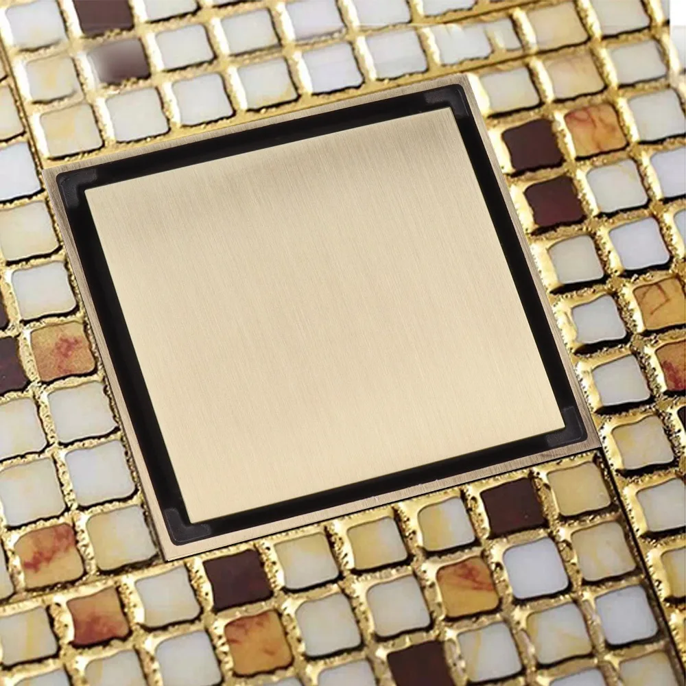 Square Shower Floor Drain 10x10cm/3.9x3.9in Brass Material Floor Drain Strainer Antique Bronze Color Invisible Tile Insert Drain
