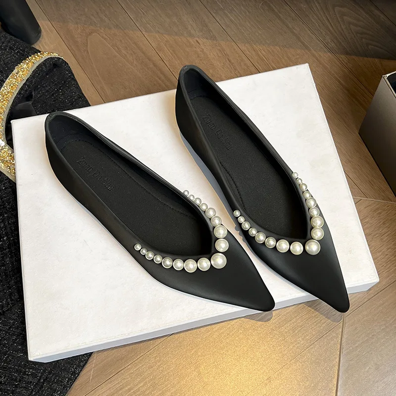 

French Style Pearl Decor Pointed Toe Flats for Women Comfortable Shallow Mouth Satin Flat Shoes for Bridal/Office/Daily Wear Nud