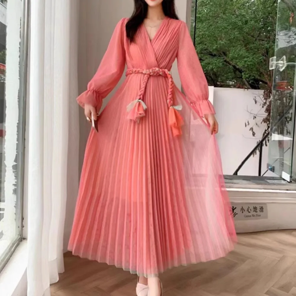 Retro Elegancka plisowana sukienka szyfonowa z dekoltem w szpic z długim rękawem French High Street Casual High Waist Dress Women Summer Dress — zdjęcie 3