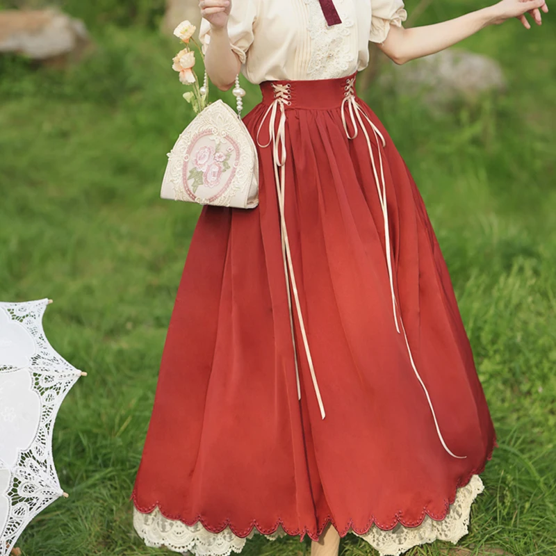 Lolita Style Long Pleated Skirt Women Summer Vintage High Waist Lace Up Skirts Lace Patchwork Maxi Skirt Jupe Femme