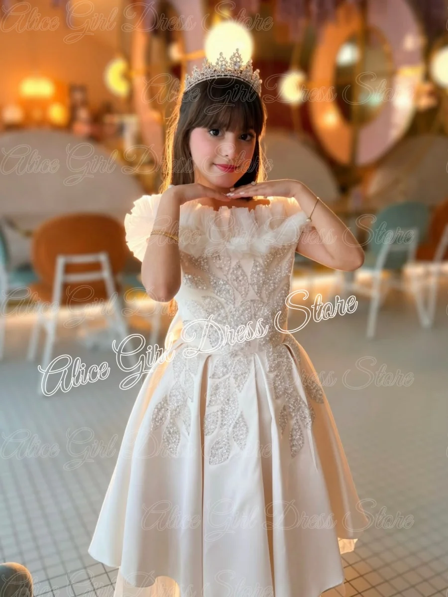 Customized Satin Flower Girl Dress for Wedding Lace Ruffles Knee Length Baby Girl Birthday Party Gowns First Communion Gowns