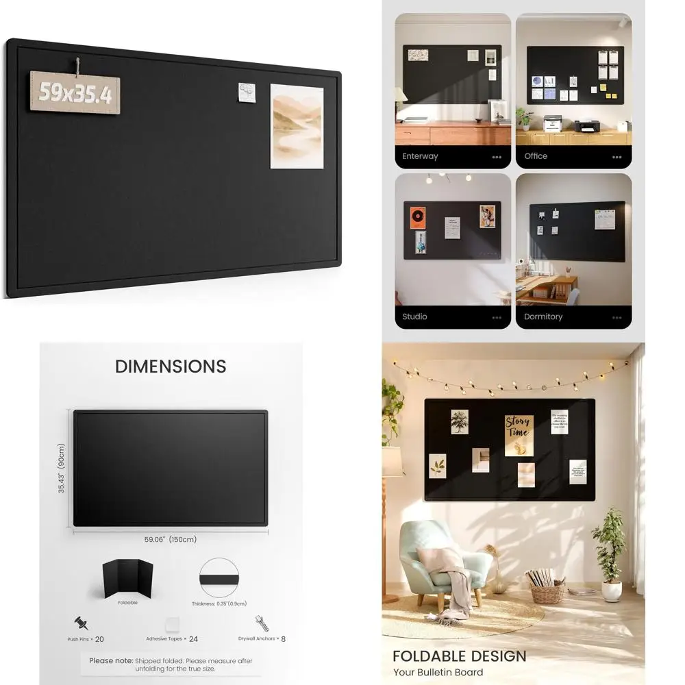 

59x35.4 Foldable Felt Pinboard with 24 Adhesive Tabs, Cork Board Alternative for Home, Office, Classroom, and Entryway - Black