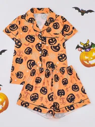 Halloween pumpkin bat print pajama set for women comfortable short-sleeved lapel top and baggy shorts loungewear for women