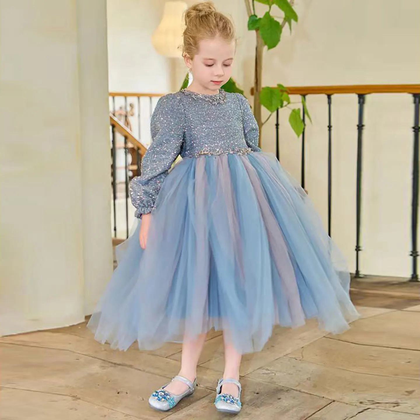 

Jill Wish Sparkling Blue Children Long Sleeve Girl Dress Tea Length Arab Princess Baby Wedding Birthday Party Holiday Gown J326