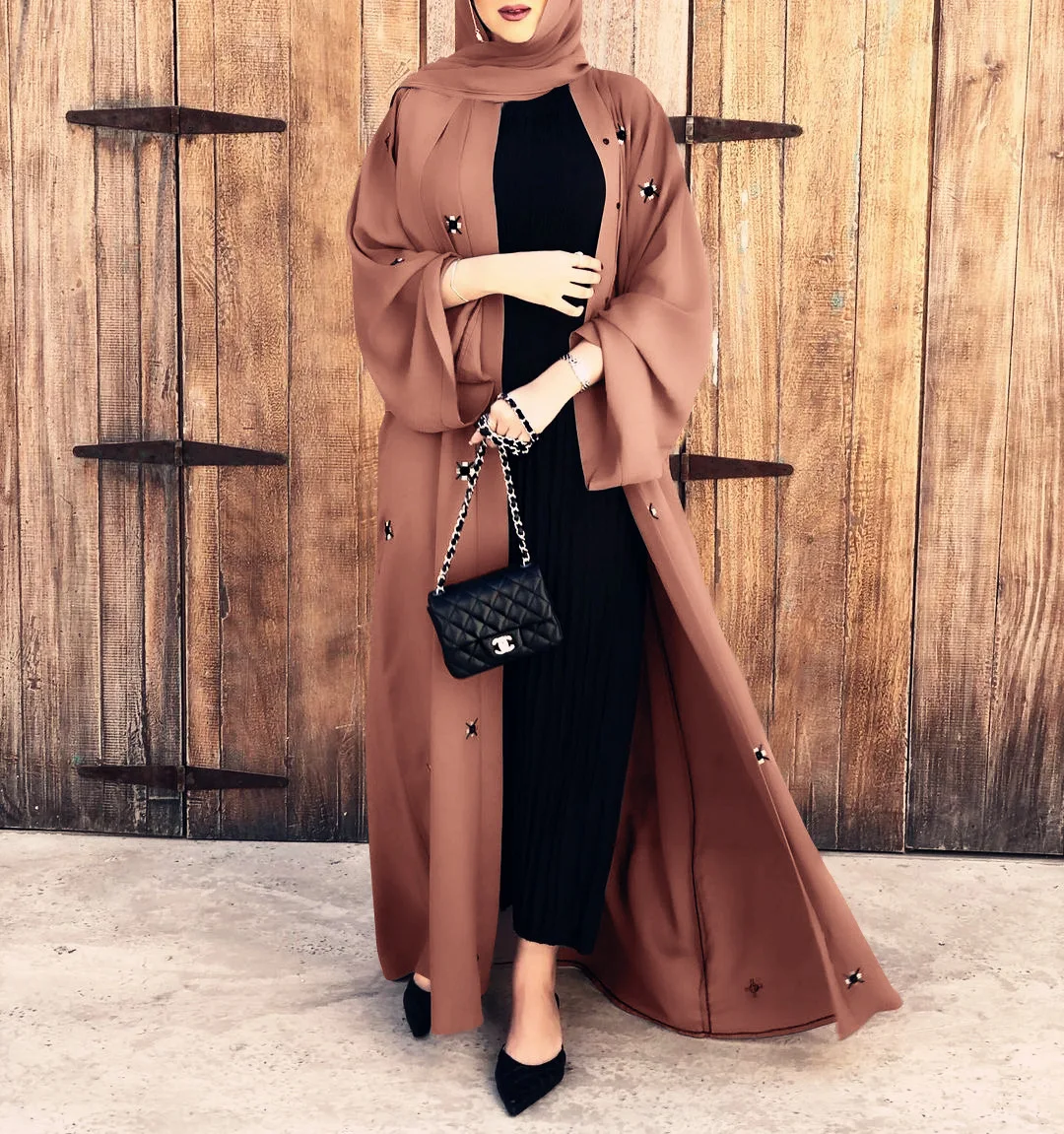 

2023 New Arrival Muslim Dress For Women Beading Open Abaya With Hijab Luxury Summer Clothing Ramadan Prayer Khaki Elegance Wear