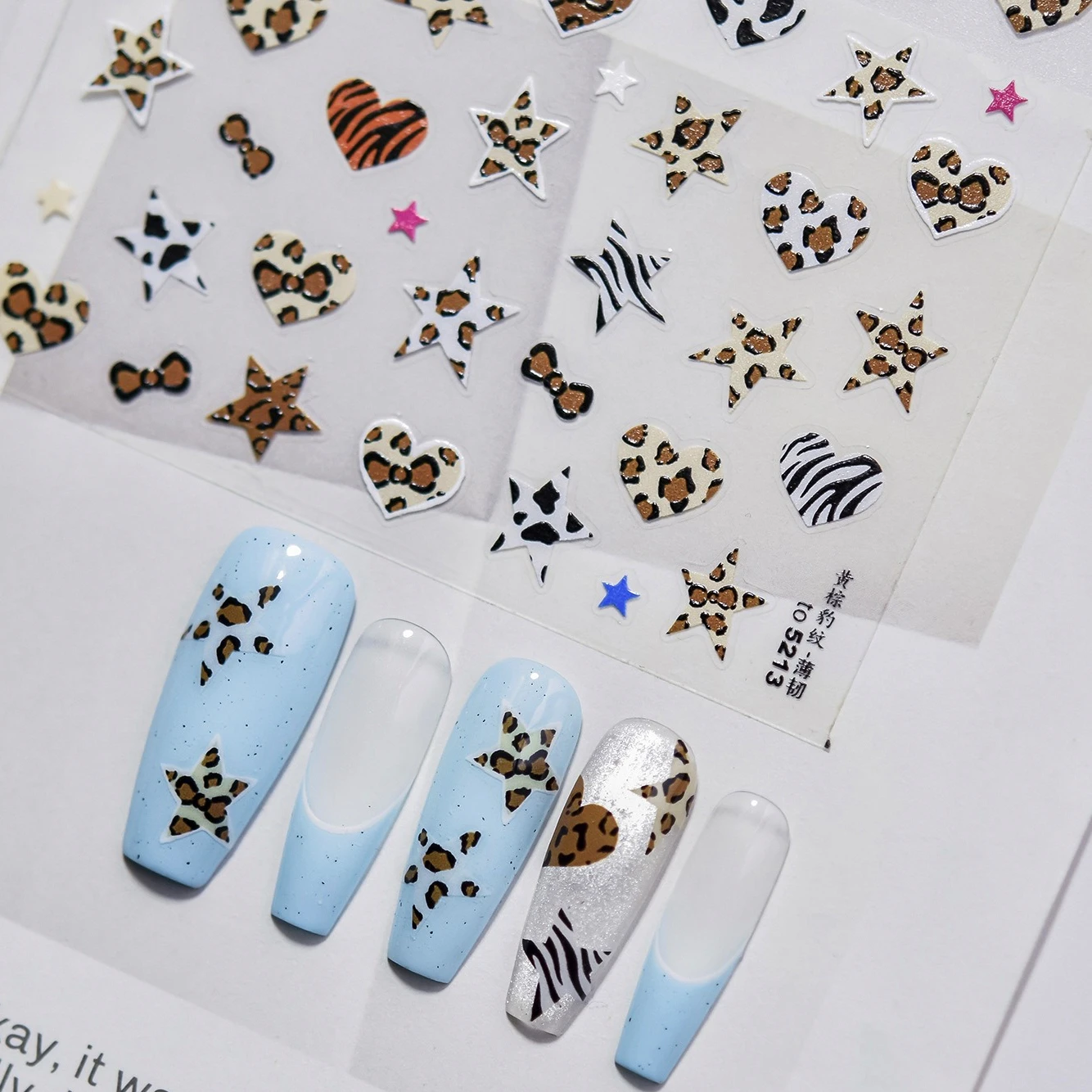 핑크 블루 황갈색 레오파드 프린트 보우 노트 스타 러브 하트 지브라 스트라이프 보우 타이 네일 아트 스티커 데코레이션 매니큐어 데칼