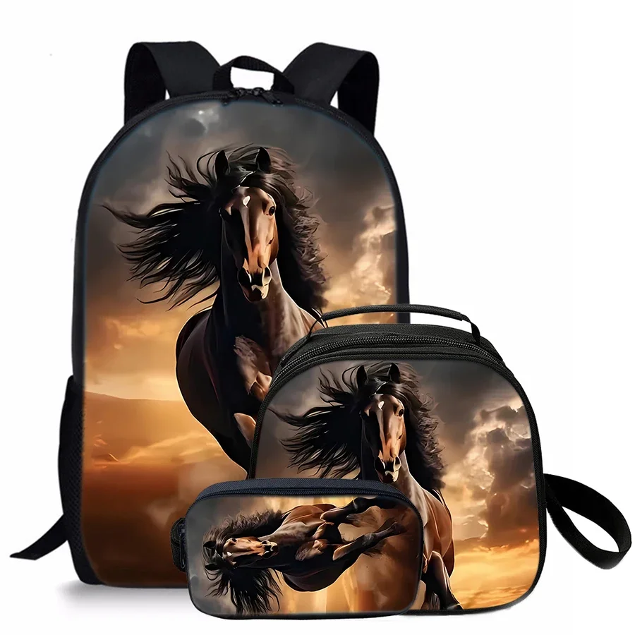 

3 Pcs Set Horse Round Lunch Bags Pencil Bags School Bags for Boy Girls Best Gifts 3D Cartoon Backpack for Children