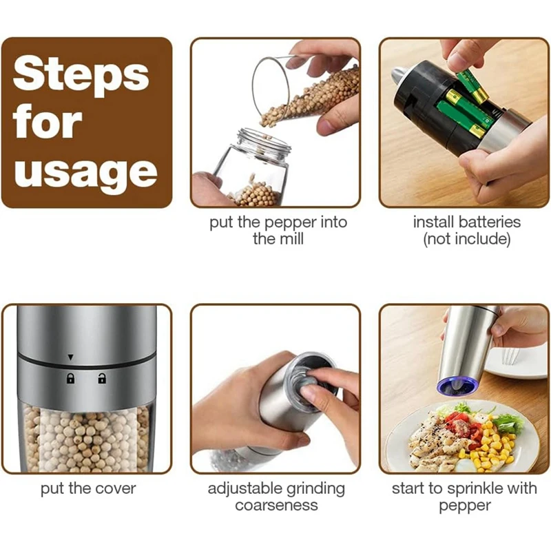 Electric Pepper Grinder Adjustable Coarseness, Mill Grinder, Battery Powered, One Hand Operated