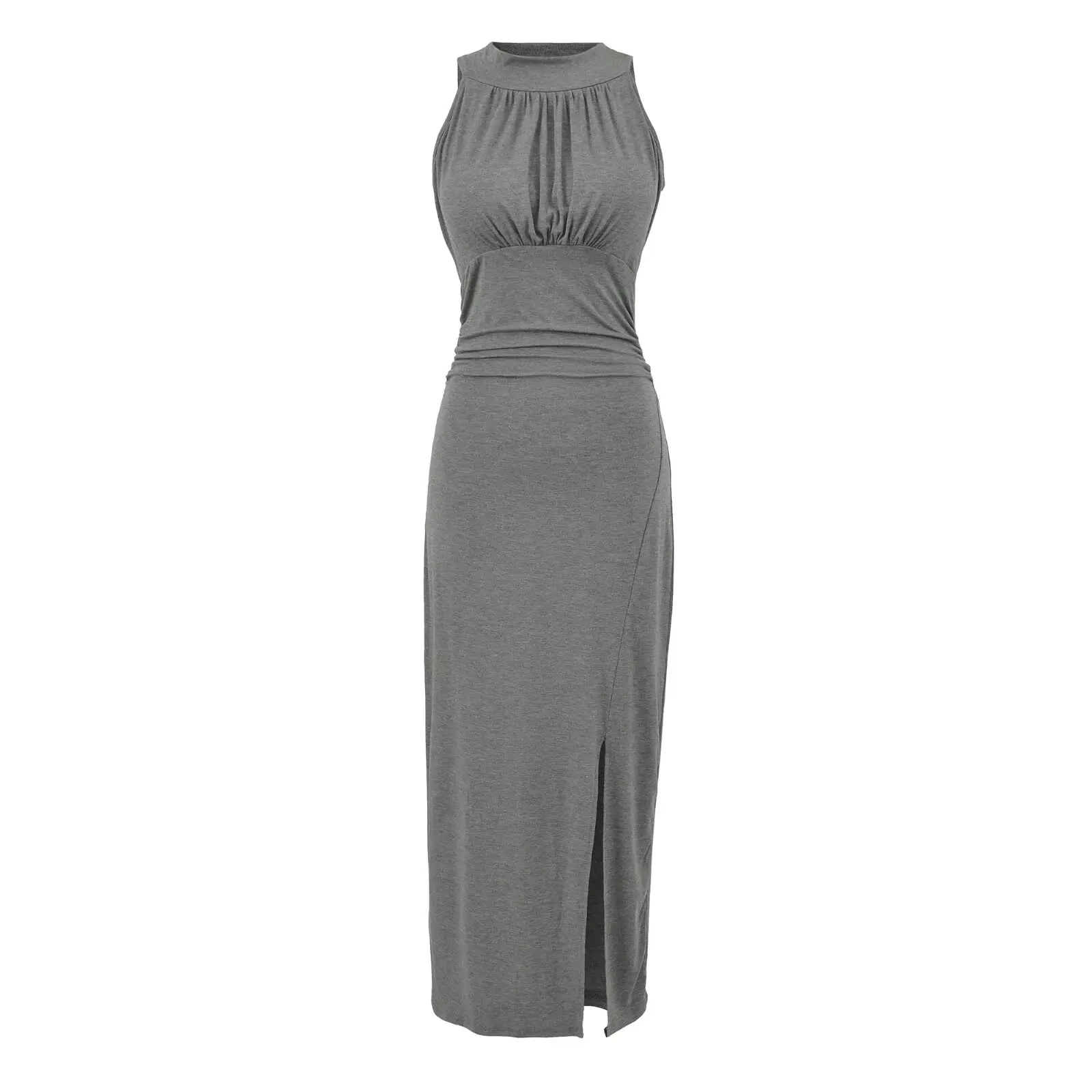 Damen-Midikleid mit O-Ausschnitt, ärmellos, geteilt, 5-farbig, elastisch, schmal, gerüscht