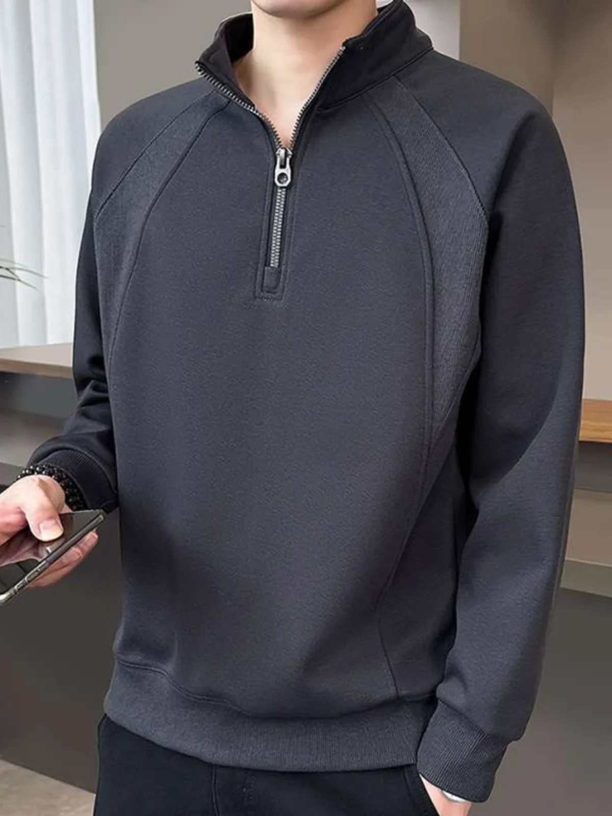 

Men's Zip-Up Hoodie Long Sleeve Stand Collar Base Shirt Half-Zipper Sweatshirt New 2024 Advanced Patchwork Base Shirt