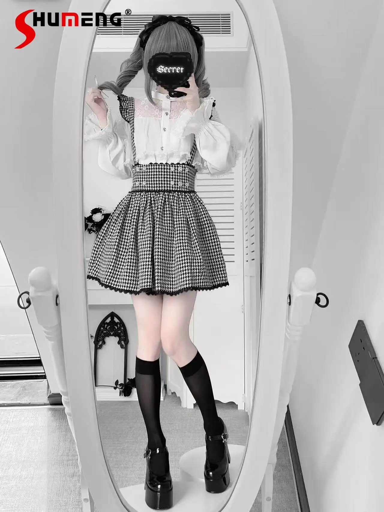 

Japanese Sweet Cute Girl's Lolita Dress Set Lace Long Flare Sleeve Shirts High Waist A-line Plaid Skirts Two-piece Sets Women