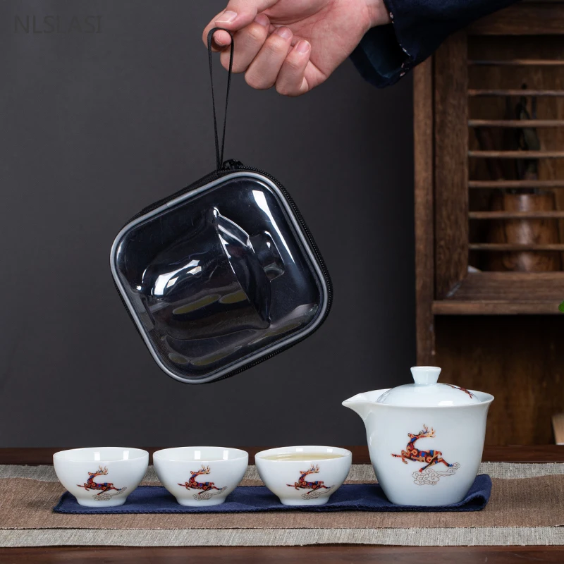 

Ceramic Travel Tea Set Portable Outdoor Tea Infuser Handmade Gaiwan A Pot of Three Cups Teapot and Cup Set Household Drinkware