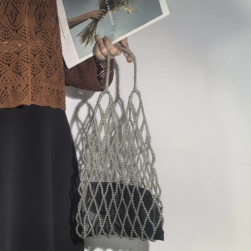New Pearl Hollow Bead Shoulder Bag with High-end Texture Niche Design Vacation Beach Tote Handbag 2025 Can Be Customized Bags