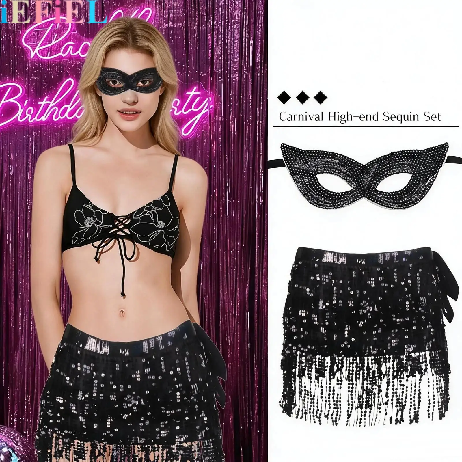 

Womens Sequins Belly Dance Set Tassel Belly-dance Waist Chain And Sequins Mask for Masquerade Party