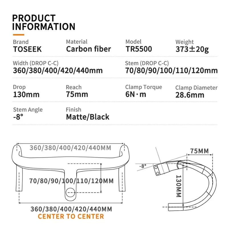 TOSEEK Integrated Handlebar Full Carbon Fiber Road Bike Handlebar 400/420/440mm Ultralight Drop Handle Bar with Bicycle Stem