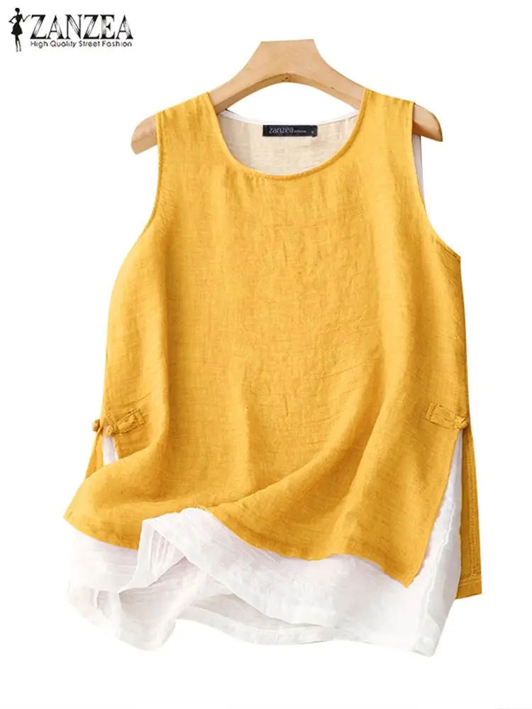 ZANZEA Casual rana bottone fessura Camis donne doppio strato serbatoi moda senza maniche semplici canotte 2024 estate o-collo tuniche
