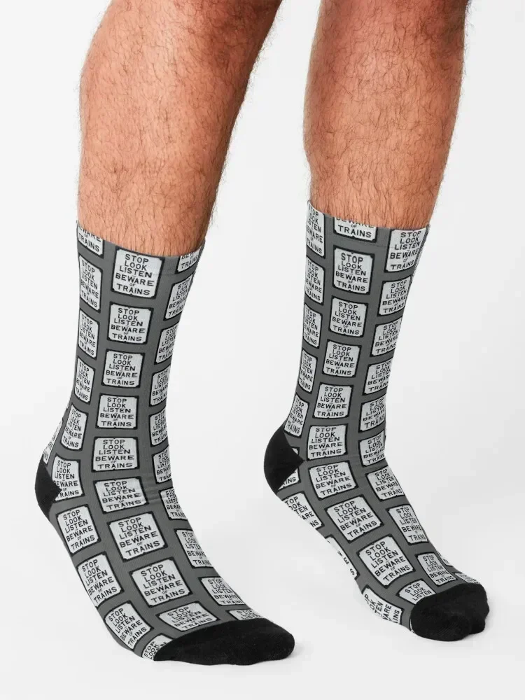 Stop Look Listen - Beware of Trains Sign Socks Run christmas gift cotton football Socks Woman Men's