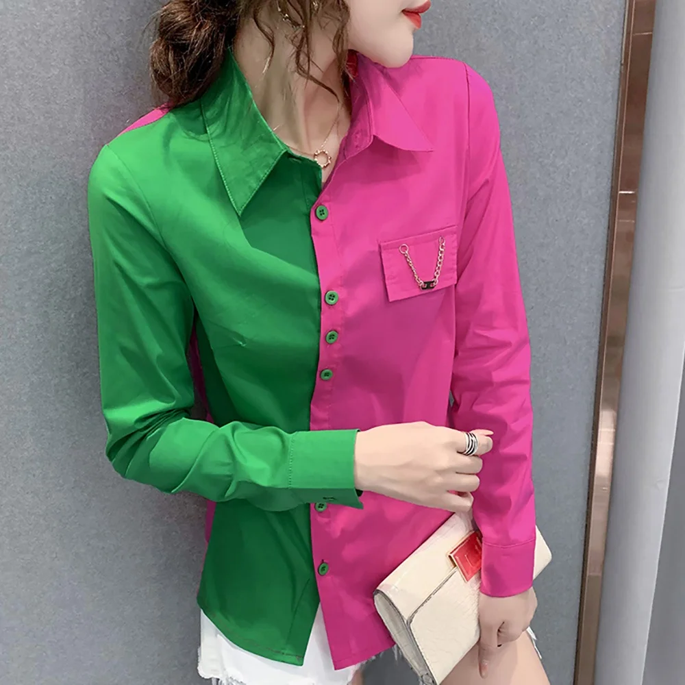 Faionable Kontrastfarbe Kettendruck Slim Fit Long Sve Collar Damen irt Street Sle Trendy Herbst Winter Neu A...