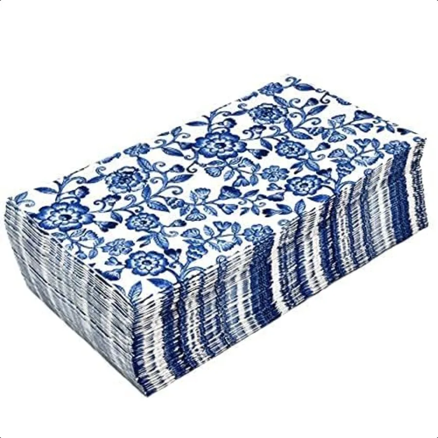 100枚入り ブルーの花柄ゲストナプキン 装飾ハンドタオル 3層紙 春の花柄ナプキン バスルーム トイレ パウダールーム ホリデー用