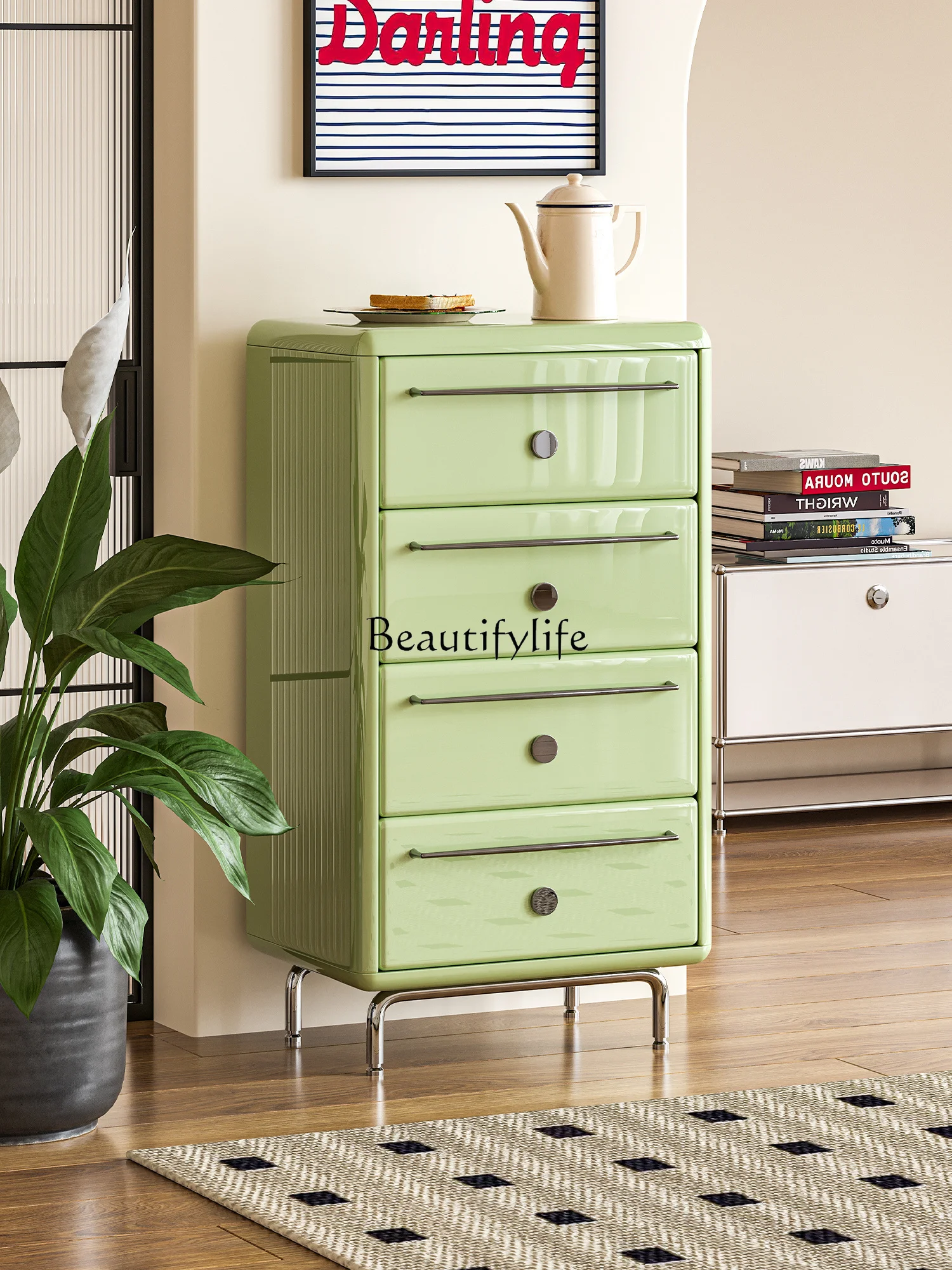 French Cream Style Matcha Four-Bucket Cabinet Living Room Bedroom Storage Coffee Cabinet