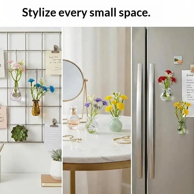 New 1/5 PCS Mini Glass Vase Fridge Magnet DIY Porcelain Vase Flowers Refrigerator Message Sticker Plant Magnet Green Gift