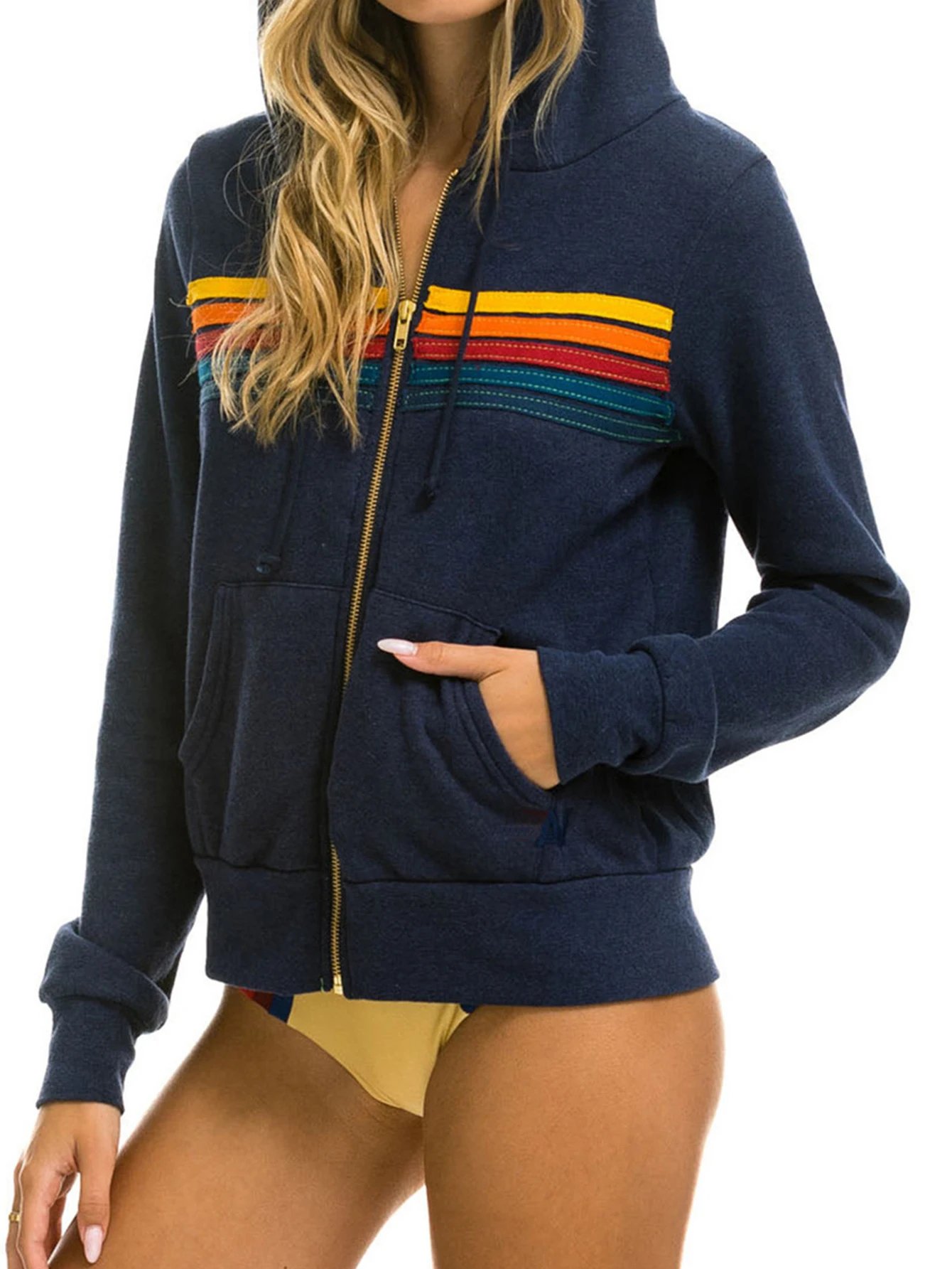 سترة نسائية بغطاء للرأس بأكمام طويلة للخريف والشتاء برباط وسحاب وجيب أمامي مرقع كاجوال أساسي بقلنسوة #3