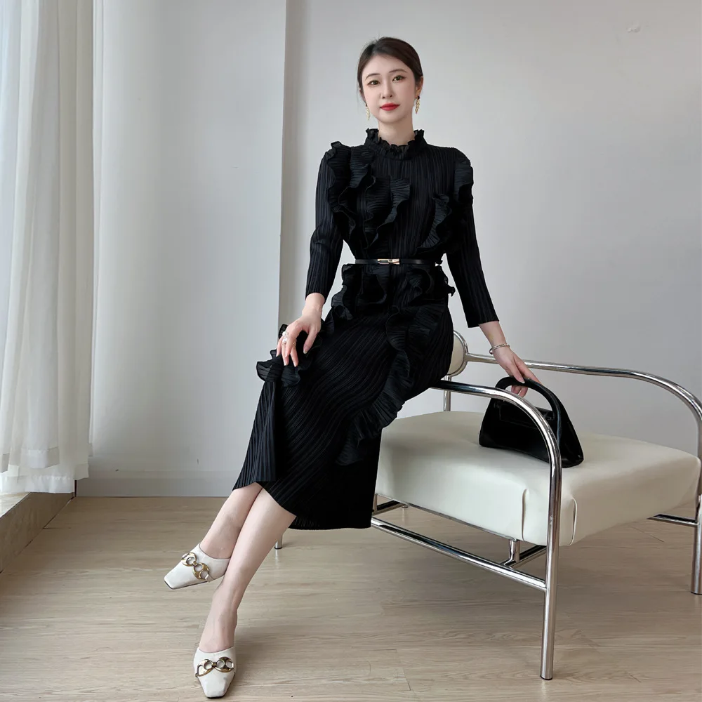 

ALSEY Pleated Premium Design Standing Neck Waist Tie Women's Skirt Slim Fashion Solid Colour Women's Dresses 2025 Summer New