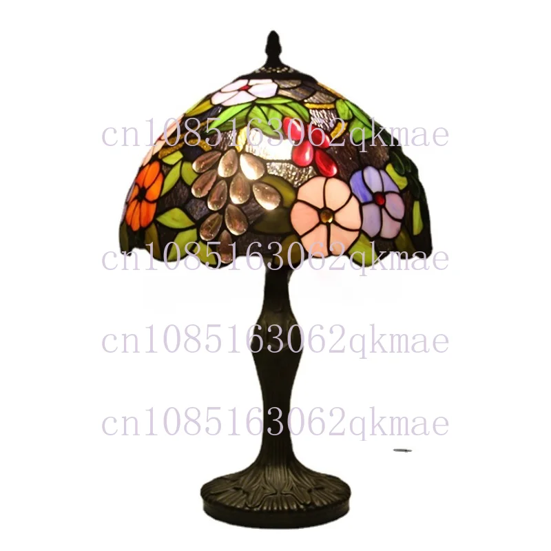 Huijing Tiffany Living Room Bedroom Study Decorative Lamps Bedside Eye Protection Lamp 12-Inch Grape Pattern Glass Table Lamp