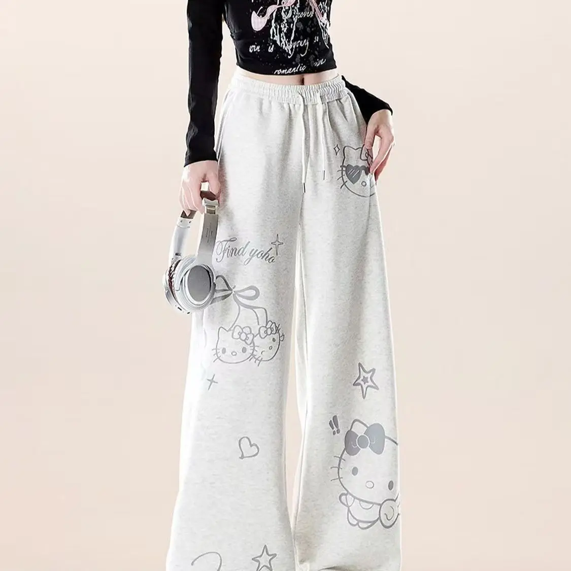 산리오 헬로 키티 그레이 운동 플레어 스웨트팬츠 가을 겨울 루즈 캐주얼 바지 패셔너블 와이드 레그 바지