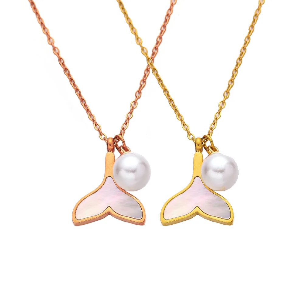 

White Shell Mermaid Tail Titanium Steel Necklace with Pearl 18K Gold Plated Waterproof Non Allergic Jewelry for Women Girls Gift