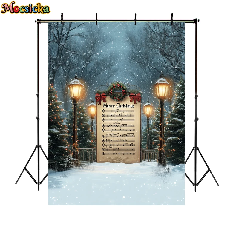 Merry Christmas Photography Backdrops Kids Adult Family Portrait Photo Backgrounds Winter Xmas Tree Sheet Music Decor Props