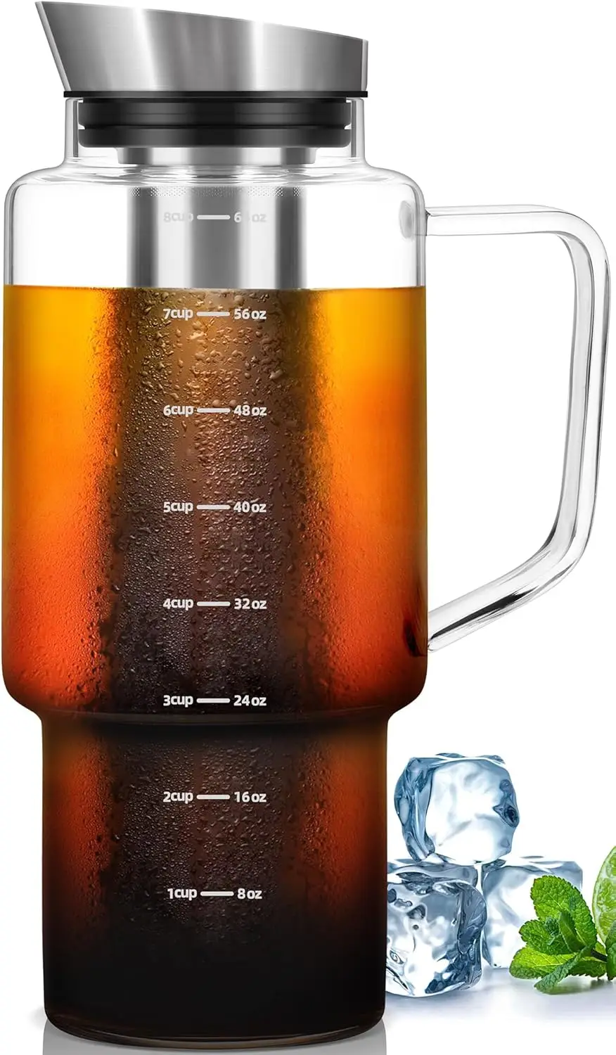

68oz Cold Brew Coffee Maker, Glass Pitcher with Stainless Steel Filter, Dishwasher Safe and Airtight Lid