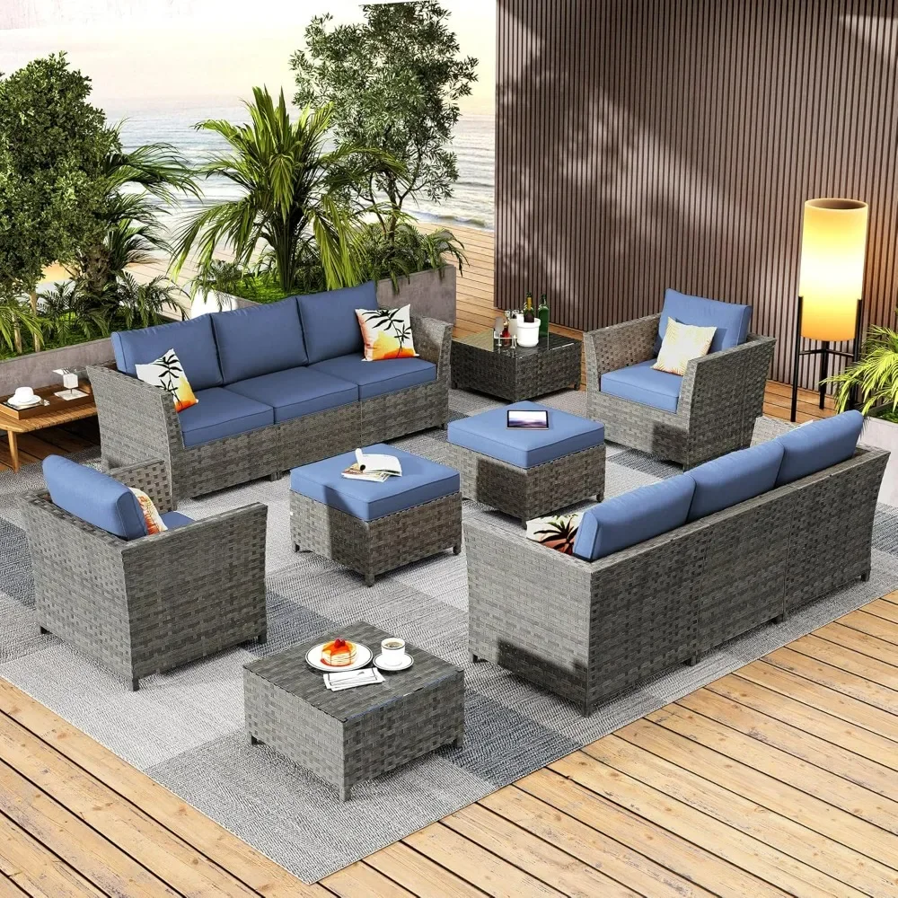 

12 Pieces Outdoor Furniture Patio Sectional Sofa Couch Gray PE Wicker Conversation Sets with Ottomans Glass Coffee Table