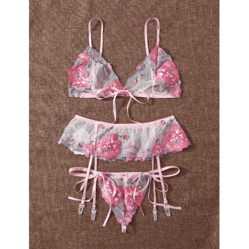 

Сексуальный комплект женской пижамы из трех предметов с кружевной вышивкой, раздельный, с бюстгальтером, сексуальное нижнее белье для женщин