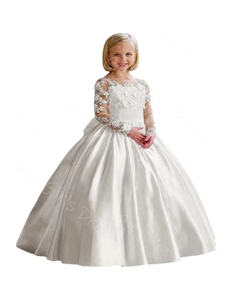 Vestido de fiesta personalizado, vestido de niña de flores para boda, niños, blanco, mangas largas, apliques de encaje, satén, vestido de comunión con lazo