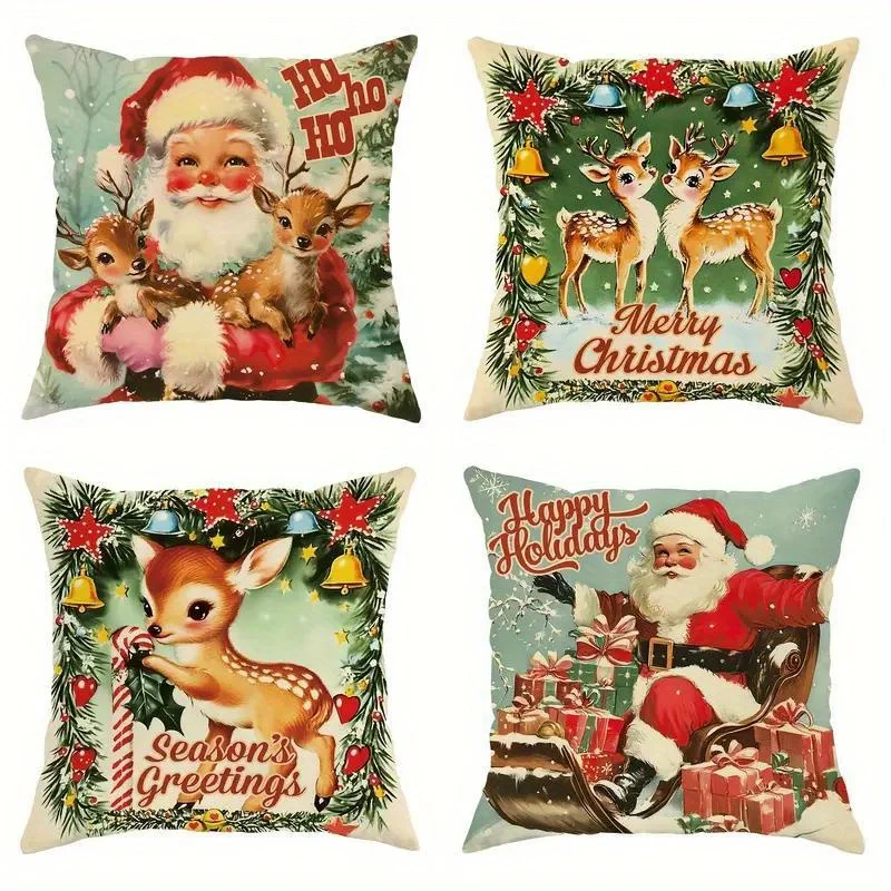 

4 шт. винтажные рождественские бархатные наволочки — праздничный дизайн Санта-Клауса и оленя, мягкий полиэстер с застежкой-молнией, 18x18 дюймов