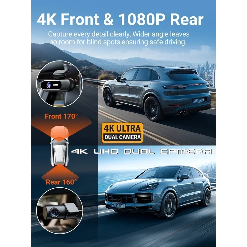 Dash Cam for Cars 4K UHD Recording Front Rear Car Camera HDR Night Vision Recorder Built in Wi-Fi 24H Parking Mode APP Monitor